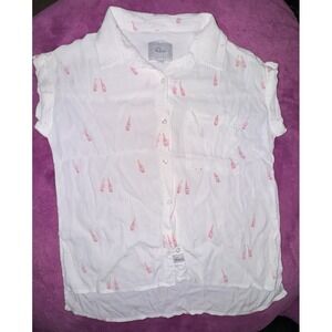 Rails Sleeveless White Pink Champagne Motif Blouse Small Button Top Pocket Cute
